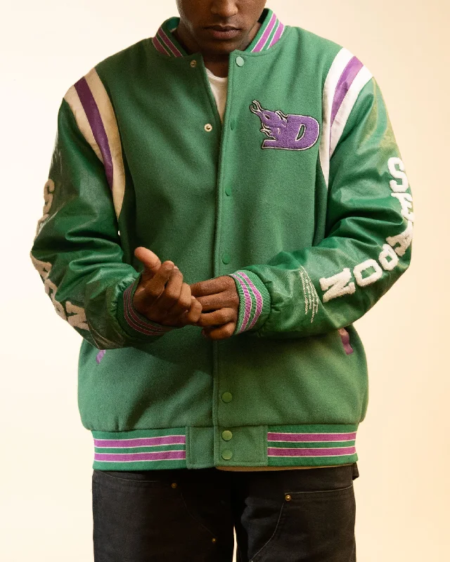 Boohoo Man x Da Baby - Letterman Varsity Jacket in Green Purple