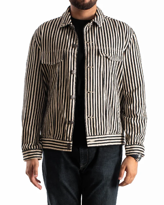 Spao Korea Black And White Stripe Denim Jacket