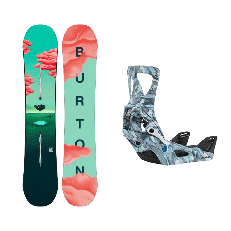 Burton Women's Yeasayer Snowboard 2025 + Burton Women's Step On Re:Flex Snowboard Bindings (Blue Butterflies) Package