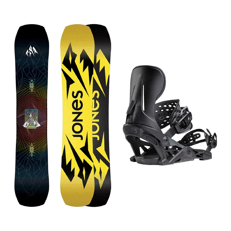 Jones Men's Mountain Twin Snowboard 2025 + Jones Men's Mercury Snowboard Bindings (Eclipse Black) Package